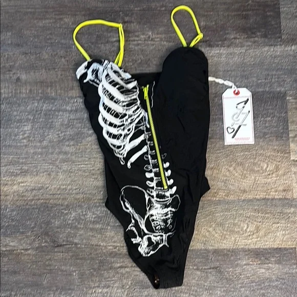 Skeleton Caged Zipper Monokini Swimsuit - Picture 2 of 15